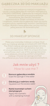 Etykieta 3D gąbeczki do makijażu Killys z mlekiem owsianym, widok tekstu i instrukcji użycia.