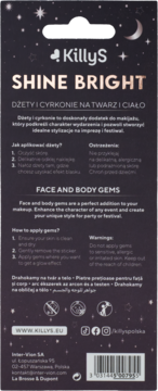 Tył opakowania KillyS SHINE BRIGHT dżetów do twarzy i ciała z opisem, instrukcjami i kodem kreskowym.