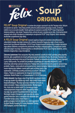 Felix Soup Original, zupa dla kota, czarny plakat z białym napisem, kot jedzący zupę z miski.