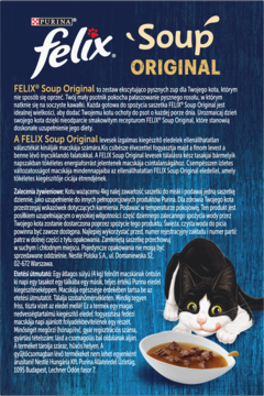 Tylna strona opakowania Felix Soup Original z czarno-białym kotem i miseczką zupy. Tekst po polsku.