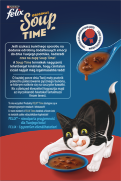 Felix Soup Original Time zupa dla kota, czarno-biały kot liże miskę z rosołem i mięsem, obok łyżka. Z boku.