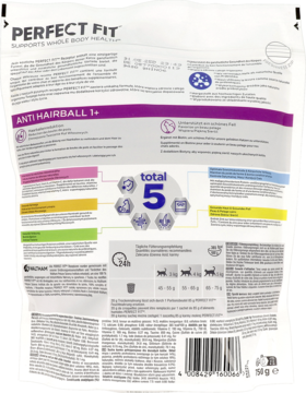 Tył białego opakowania suchej karmy Perfect Fit Anti Hairball 1+ dla kota, z tekstem i ikonami „total 5”.