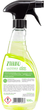 Zielko Zielona Herbata płyn do czyszczenia łazienki, przezroczysta butelka z zielonym płynem i czarnym spryskiwaczem, widok z przodu.
