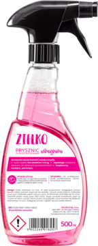 Różowy płyn do mycia kabin Zielko Prysznic Winogrono 500ml, w przezroczystej butelce z atomizerem.