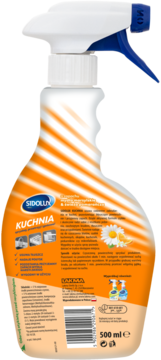 Tył butelki Sidolux Kuchnia, pomarańczowo-biały spray do czyszczenia kuchni 500 ml, z polskimi napisami.