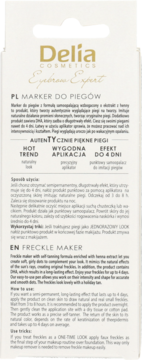 Tył opakowania Delia Freckle Maker, pisaka do piegów, z opisem po polsku i angielsku, widok z góry.