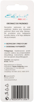 Tylne opakowanie obcinacza do paznokci Ewa Schmitt w bieli, z niebieskim logo, opisem cech i kodem EAN.