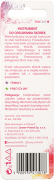 Tył opakowania przyrządu do usuwania skórek, instrukcje, cechy (stal nierdzewna) i kod kreskowy.