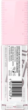 Tył różowo-białego opakowania błyszczyka Maybelline Lifter Plump, z kodem kreskowym i ikonami 24M i recyklingu.