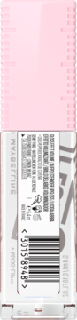 Tył różowo-białego błyszczyka Maybelline Lifter Plump. Widoczna etykieta, kod kreskowy i napis MAYBELLINE.