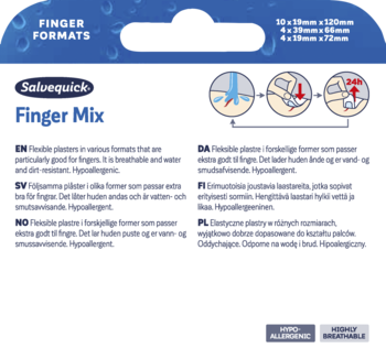 Salvequick Finger Mix, opakowanie elastycznych plastrów na palce. Z przodu diagramy i cechy hipoalergiczne.