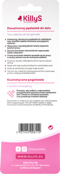 Tył biało-różowego opakowania pędzelka KillyS do żelu, z opisem cech, kodem kreskowym i danymi producenta.