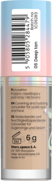 Tył opakowania kryjąco-nawilżającego korektora Stars from the stars Planet Spotless 06 Deep Tan, z kodem kreskowym.