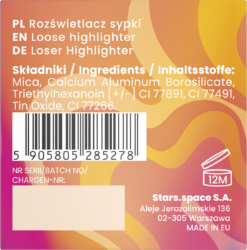 Tył różowo-pomarańczowego opakowania sypkiego rozświetlacza, z listą składników INCI i kodem kreskowym.