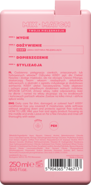 Tył różowej butelki odżywki Hairmate Kissy do włosów zniszczonych, z opisami i kodem kreskowym.