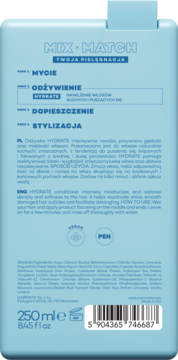 Tył niebieskiej butelki odżywki Mix Match Hydrate 250ml. Instrukcje i składniki dla włosów suchych.
