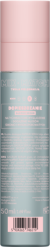 Tył butelki Sacrum Serum MIX MATCH 50ml, różowo-turkusowa, z opisem wygładzającym włosy i kodem kreskowym.