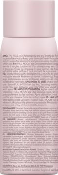 Różowa butelka Hairmate Full Moon lakieru i suchego szamponu, widok z tyłu z instrukcjami.
