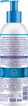 Tył białej butelki humektantowej maski do stóp 150ml z niebieskim dozownikiem, z widoczną etykietą i składem.
