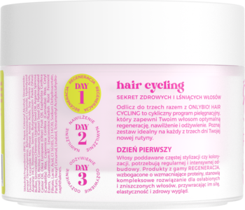 OnlyBio Hair Cycling maska do włosów suchych, biały słoik, widok z boku etykiety z dniami pielęgnacji 1-3.