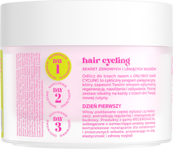 Biała maska OnlyBio Hair Cycling Regeneracja, widok z tyłu z instrukcją użycia na dni: 1, 2, 3.