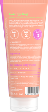 Tył brzoskwiniowej tubki maski do włosów OnlyBio Hair Cycling Odżywienie 200 ml, z opisem działania i nut zapachowych.