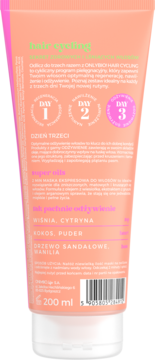 Tył pomarańczowej tubki OnlyBio Hair Cycling Maska Odżywienie, z opisem Dnia 3, nutami zapachowymi i kodem kreskowym.