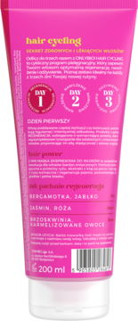 Różowa tubka maski OnlyBio Hair Cycling Regeneracja, tył z opisem działania i nutami: bergamotka, jabłko.
