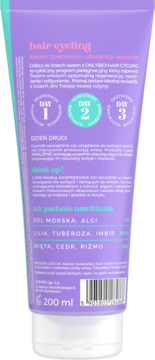 Tył fioletowej tuby OnlyBio Hair Cycling, maska nawilżająca 200ml z zapachem soli morskiej i alg.