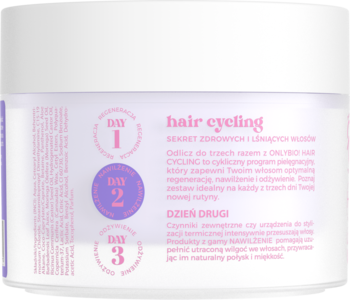 Maska OnlyBio Hair Cycling Dzień 2 Nawilżenie w białym słoiku z różowo-fioletową etykietą, widok z przodu.