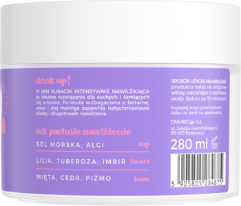 Tył fioletowego opakowania maski do włosów OnlyBio Hair Cycling Nawilżenie 280 ml, z nutami soli morskiej i alg.