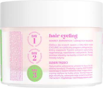 Tylna etykieta maski OnlyBio Hair Cycling Odżywienie w jasnoróżowym słoiku, widoczny opis kuracji "DZIEŃ TRZECI".