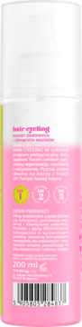 Tył różowo-białej butelki OnlyBio Hair Cycling regenerującej odżywki 200ml do zniszczonych włosów, z widocznym kodem kreskowym.