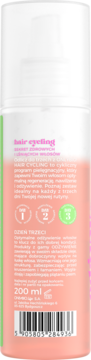 Tył butelki OnlyBio Hair Cycling Odżywka 200 ml, biało-brzoskwiniowa z opisem i kodem kreskowym.