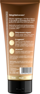 Tylna strona brązowo-złotej tubki odżywki OnlyBio Hair in Balance z opisem i pojemnością 200 ml.