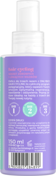 Tył fioletowej butelki serum OnlyBio Hair Cycling 150ml z białym dozownikiem, opis programu i kod EAN.