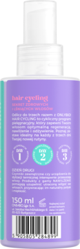 Tył fioletowej butelki OnlyBio Hair Cycling serum nawilżającego, 150 ml, z opisem i wyróżnionym Dniem 2.