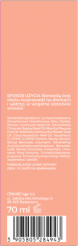 Tył opakowania olejku OnlyBio Hair Cycling Odżywienie 70 ml. Brzoskwiniowe tło z białymi napisami i kodem kreskowym.
