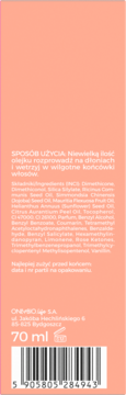 Tył OnlyBio Hair Cycling wygładzająco-odżywczego olejku do włosów 70 ml, brzoskwiniowa etykieta z instrukcjami i kodem kreskowym.