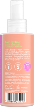 Tył butelki OnlyBio Hair Cycling eliksiru do włosów 150 ml, różowo-brzoskwiniowy, z białym tekstem.