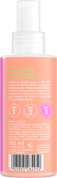 Tylna strona brzoskwiniowej butelki OnlyBio Hair Cycling Odżywienie, 150ml, z kodem kreskowym i etykietą Dzień 3.