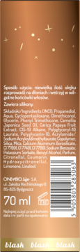 Tył brązowego opakowania olejku OnlyBio Hair in Balance 70ml. Złote gwiazdki, składniki, opis użycia i kod paskowy.