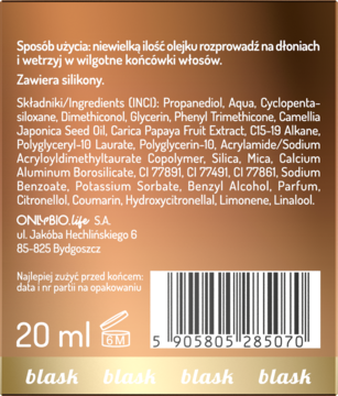 Tylna strona złotego olejku do włosów OnlyBio 20ml, z widocznym składem INCI i sposobem użycia.