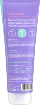 Lawendowa tubka szamponu OnlyBio Hair Cycling 250ml, tył z planem pielęgnacji i listą składników.