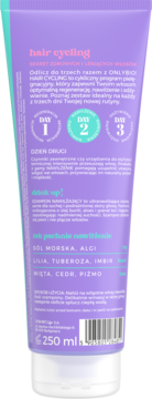 Tuba szamponu OnlyBio Hair Cycling 250 ml, fioletowa z białym korkiem, widok z tyłu z info o dniach cyklu i składnikach: sól morska, lilie, mięta.