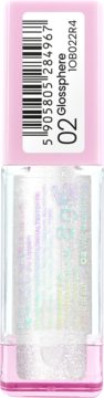 Essence 02 Glossphere brokatowy top coat do ust w przezroczystej tubce z różową nakrętką i bazą, z przodu.