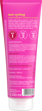 Tył różowego szamponu Onlybio Hair Cycling 250ml, z opisem programu regeneracji i nutami zapachowymi.