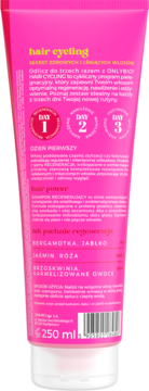 Tył różowej tubki Onlybio Hair Cycling szamponu regenerującego 250ml, z opisem działania i nutami bergamotki.