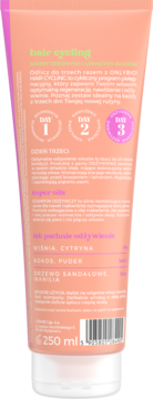 Tył brzoskwiniowej tuby OnlyBio Hair Cycling, dzień 3. Opis szamponu z nutami wiśni, kokosa i wanilii, 250ml.