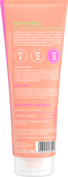 Tył brzoskwiniowej tubki OnlyBio Hair Cycling szamponu odżywczego 250ml. Widoczne nuty: wiśnia, cytryna, wanilia.
